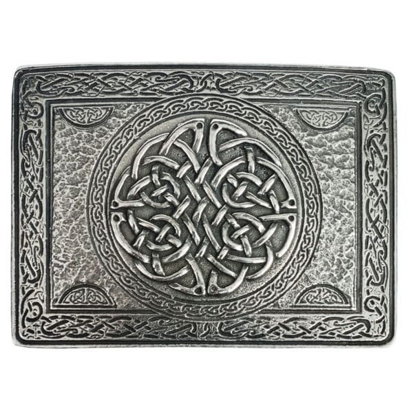 A Celtic Knot Pewter Kilt Belt Buckle with an intricate design.