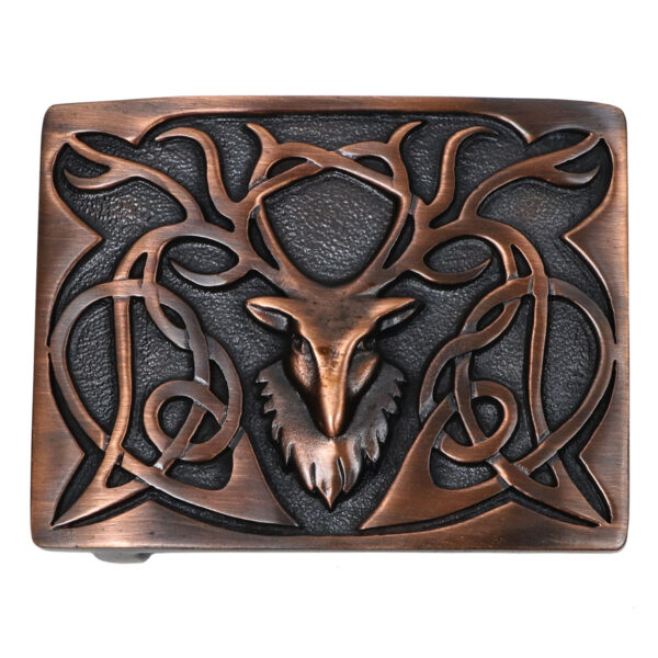A Celtic Stag's Head Bronze Kilt Belt Buckle featuring a Stags Head motif.