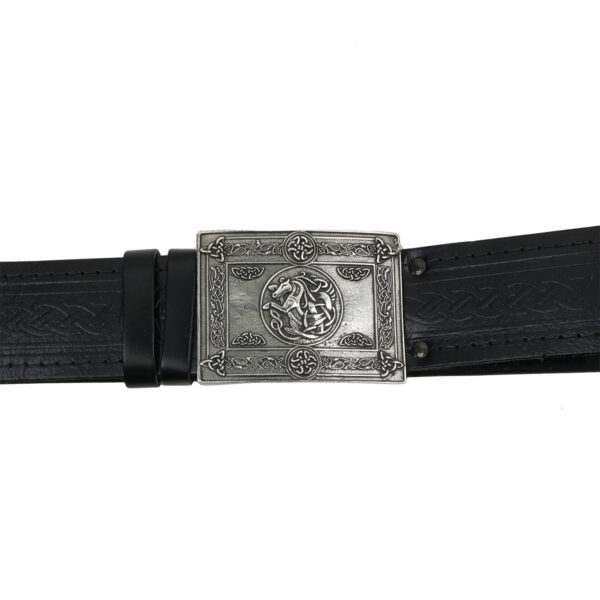 A black leather belt with a Kelpie Kilt Belt Buckle - Celtic Water Spirit.