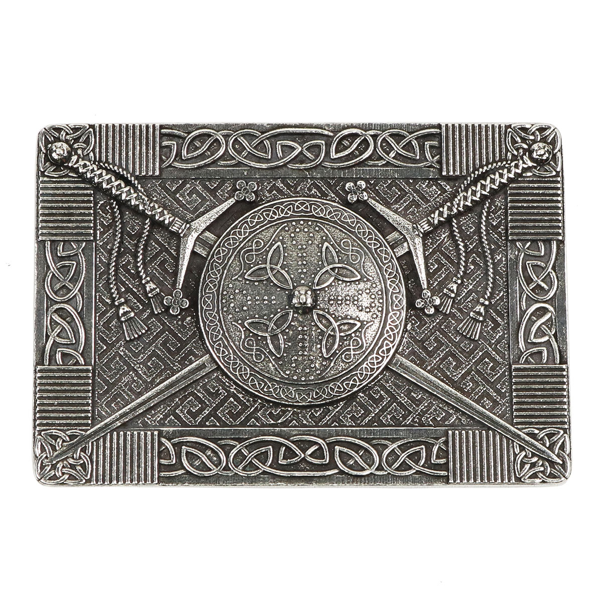 A Claymore and Targe Kilt Belt Buckle with a celtic design.