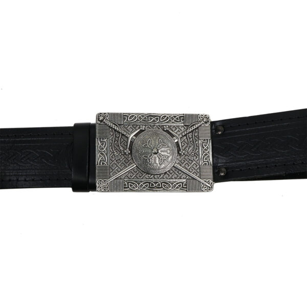 A black leather belt with a Claymore and Targe Kilt Belt Buckle.