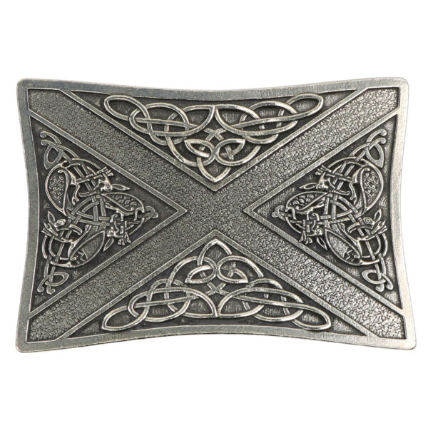Scottish Book of Kells Saltire Kilt Belt Buckle with Celtic design.