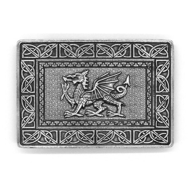 A Welsh Dragon Pewter Kilt Belt Buckle with a celtic design.