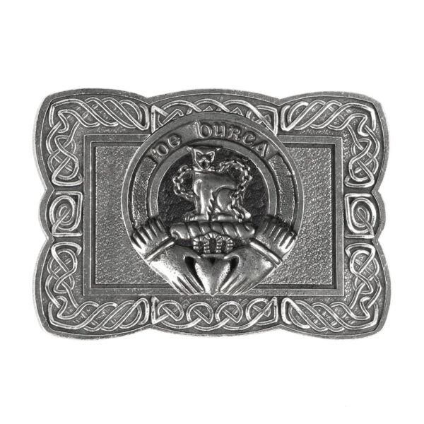 A silver Coat of Arms Celtic Knot Scalloped Kilt Belt Buckle with a Claddagh on it.