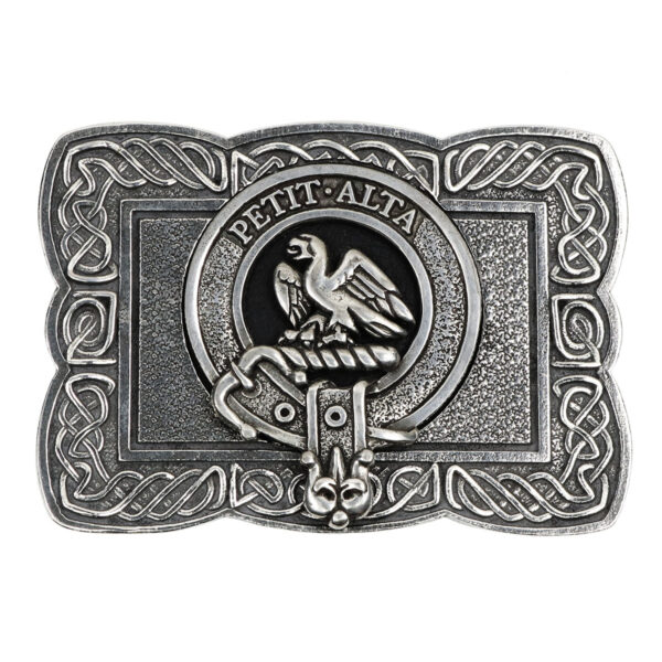 A Celtic Knot Scalloped Kilt Belt Buckle with an eagle on it.