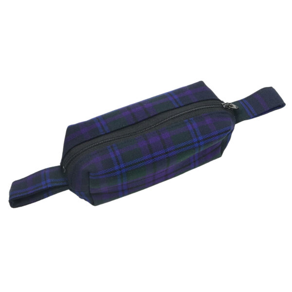 A purple and black Mini Tartan Box Pouch - Poly/Viscose Wool Free on a white background, made of Poly/Viscose Wool Free Tartan.