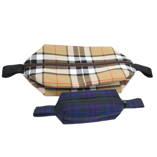 Two plaid waist bags on a white background, featuring Mini Tartan Box Pouch - Poly/Viscose Wool Free.
