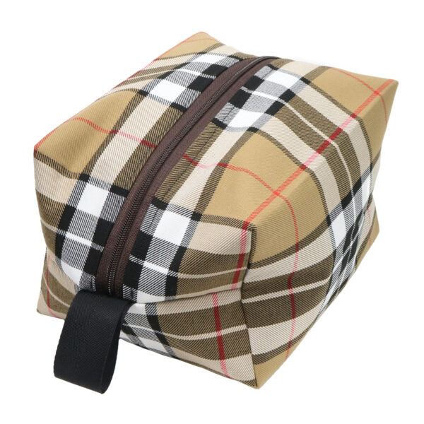 A Mini Tartan Box Pouch - Poly/Viscose Wool Free toiletry bag with a zipper.