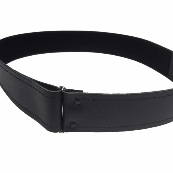 A black leather belt on a white background.