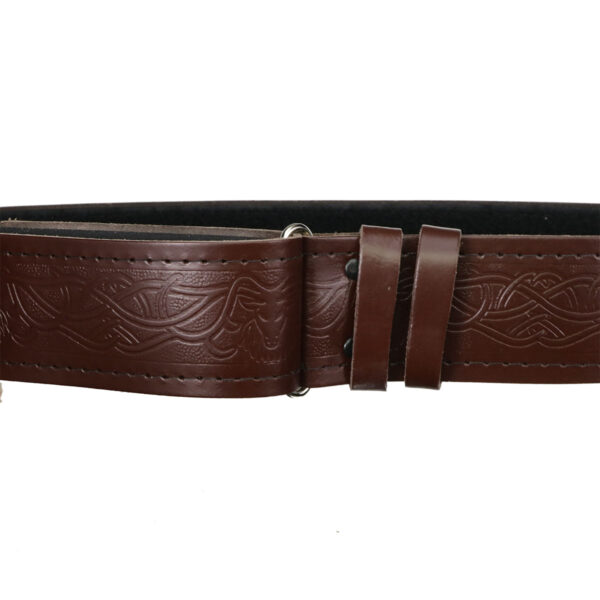 A Brown Stag Quality Leather Kilt Belt with an ornate buckle.