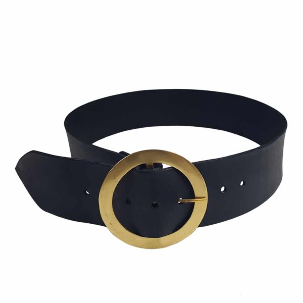 A black 3 Inch Ring Leather Kilt Belt, with a gold buckle, featuring a 3 Inch Ring.