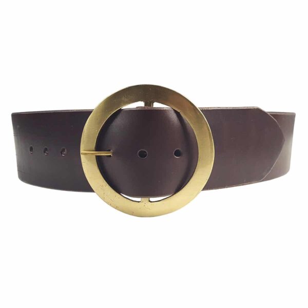 A brown leather belt with a gold buckle designed as a 3 Inch Ring Leather Kilt Belt.