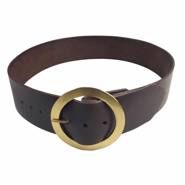 A brown leather belt with a gold ring and 3 Inch Ring Leather Kilt Belt.