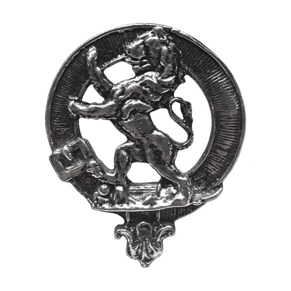 A Art Pewter Rampant Lion Cap Badge/Brooch in a circle on a white background.