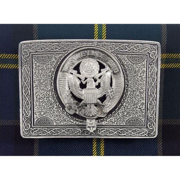 A U.S. Army Pewter Kilt Belt Buckle with an eagle on it.
