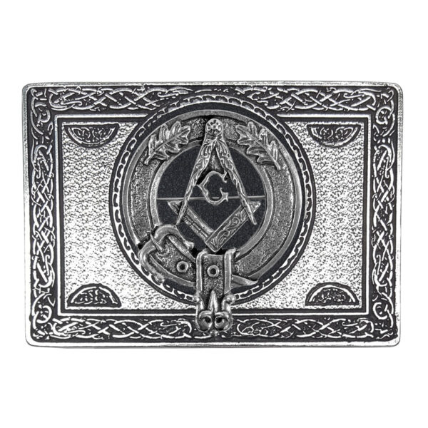 A Masonic Pewter Kilt Belt Buckle featuring the symbol of Freemasonry.