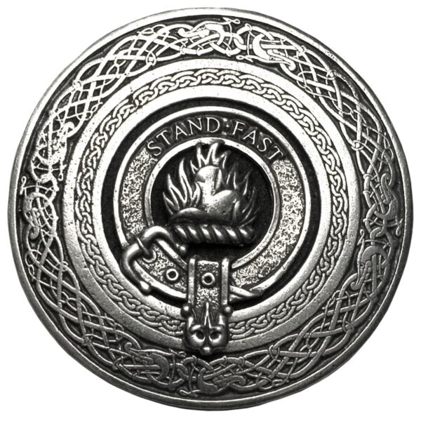A Clan Crest Round Pewter Kilt Belt Buckle with a round shape on a white background.