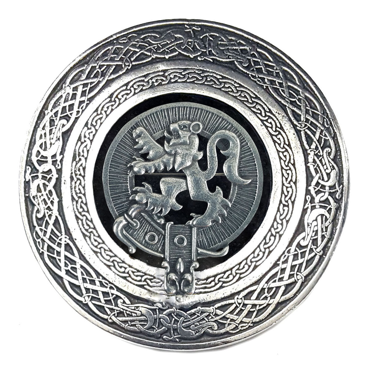 A Rampant Lion Round Pewter Kilt Belt Buckle featuring a silver image of a Scottish lion.