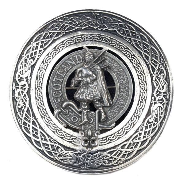 A Scottish Piper Round Pewter Kilt Belt Buckle featuring a Clan Crest of a Scottish warrior.