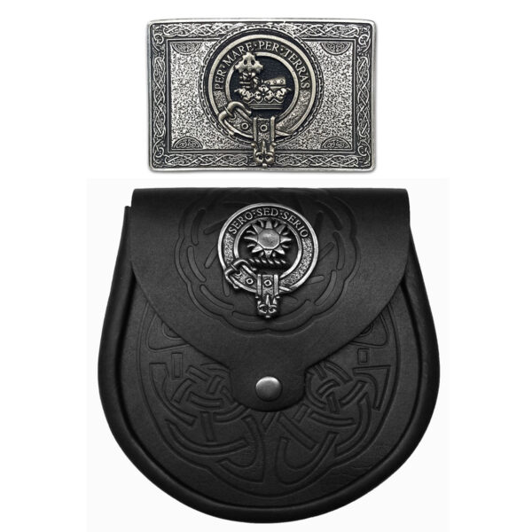 A black leather Clan Crest Kilt Belt Buckle and Sporran Set with a Scottish Clan Crest on it.