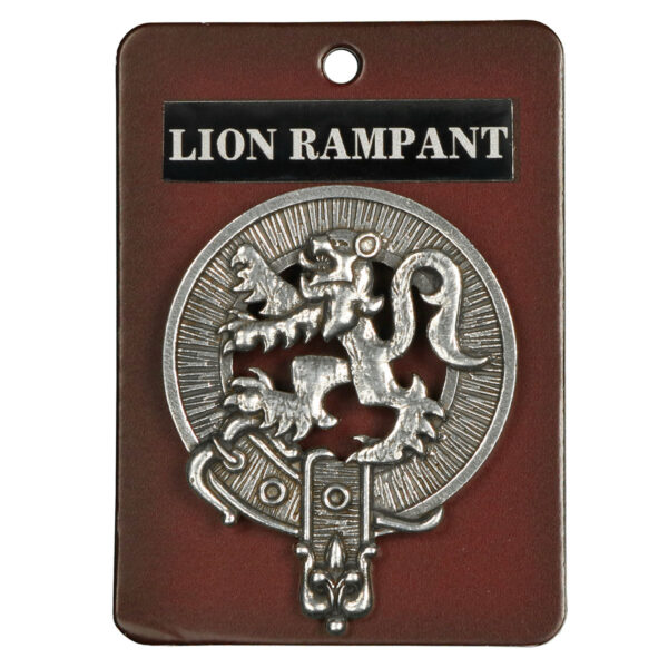 Rampant Lion Cap Badge/Brooch featuring a rampant lion on a metal tag.