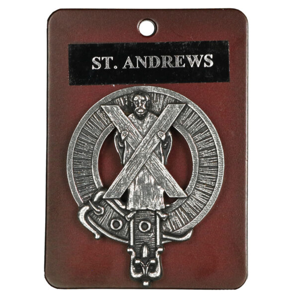 Saint Andrew's Cross Cap Badge/Brooch on a red tag.