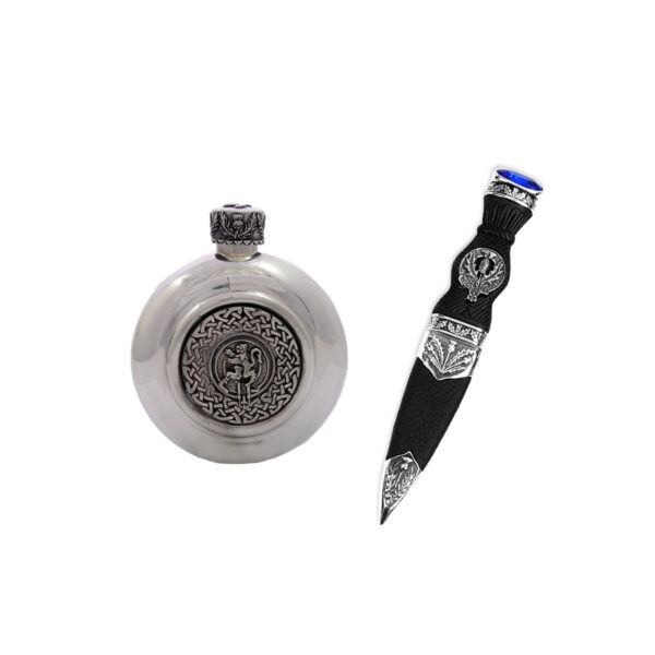 Clan Crest Antiqued Pewter Flask and Pewter Sgian Dubh set featuring a Clan Crest.