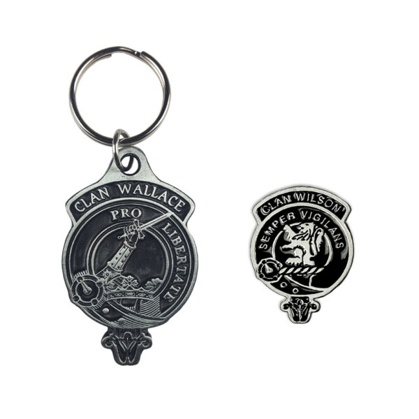 A Clan Crest Pewter Mini Badge and Key Chain- 80/20 with a key ring and a mini badge.
