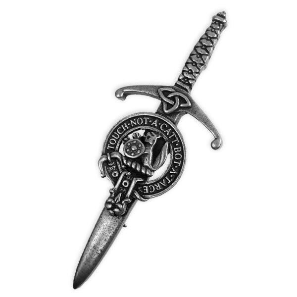 A silver sword with a Pewter Clan Crest Kilt Pin on it.