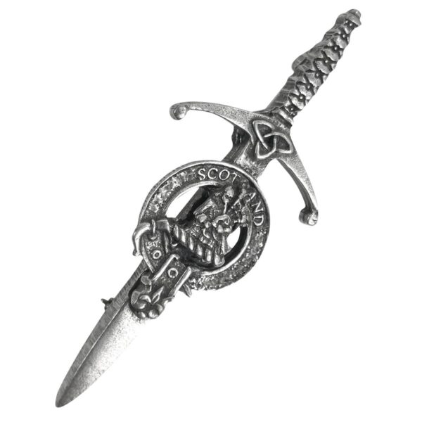 A silver sword with a Scottish Piper Kilt Pin on it.