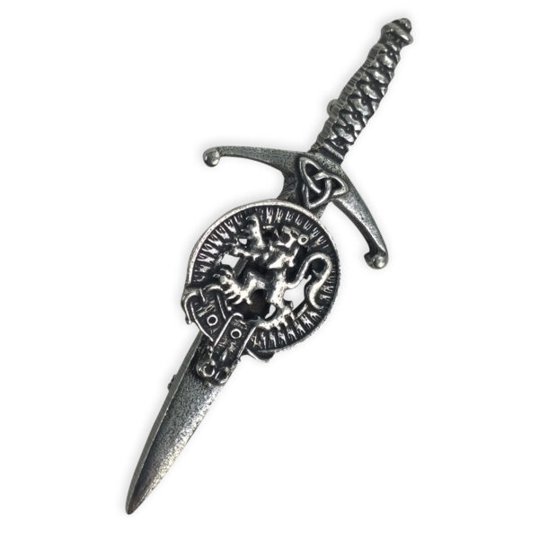 A sword with a dragon and a Rampant Lion Kilt Pin on it is on a white background.