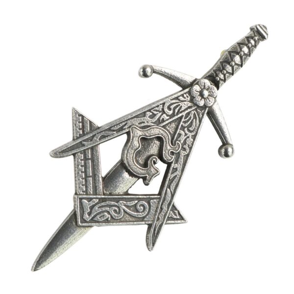 A silver Masonic Kilt Pin on a white background.
