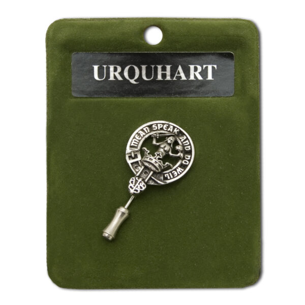 An Art Pewter Clan Crest Lapel Pin with the word urquhart on it.