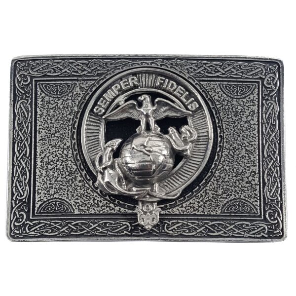 A U.S. Marine Corps USMC Pewter Kilt Belt Buckle - Officially Licensed with an eagle on it, made of pewter.