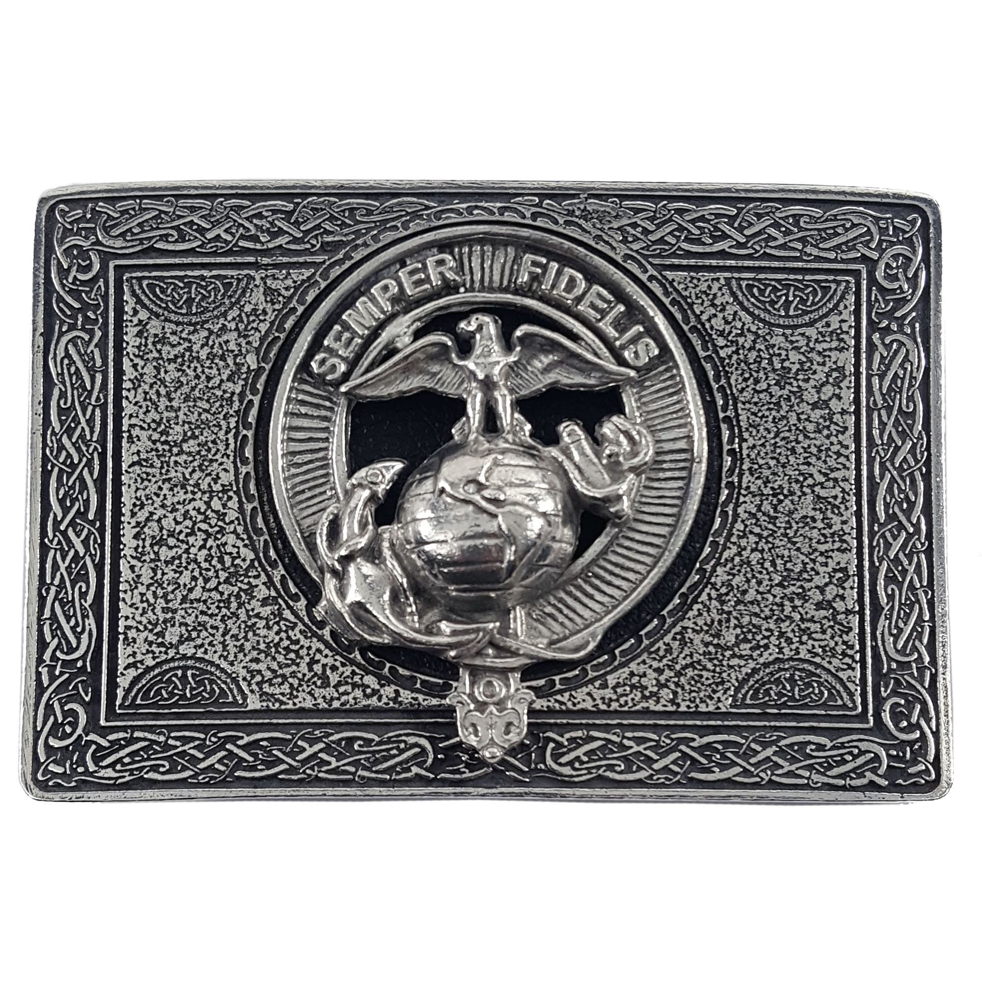 A U.S. Marine Corps USMC Pewter Kilt Belt Buckle - Officially Licensed with an eagle on it, made of pewter.