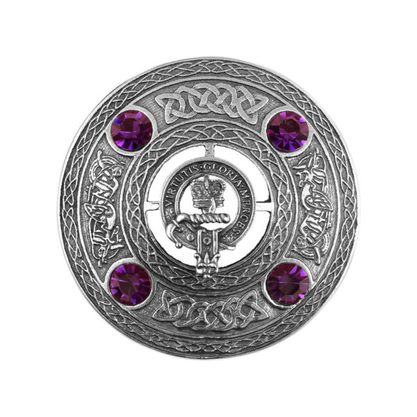 A silver badge with purple stones and an Irish Coat of Arms Plaid Brooch.