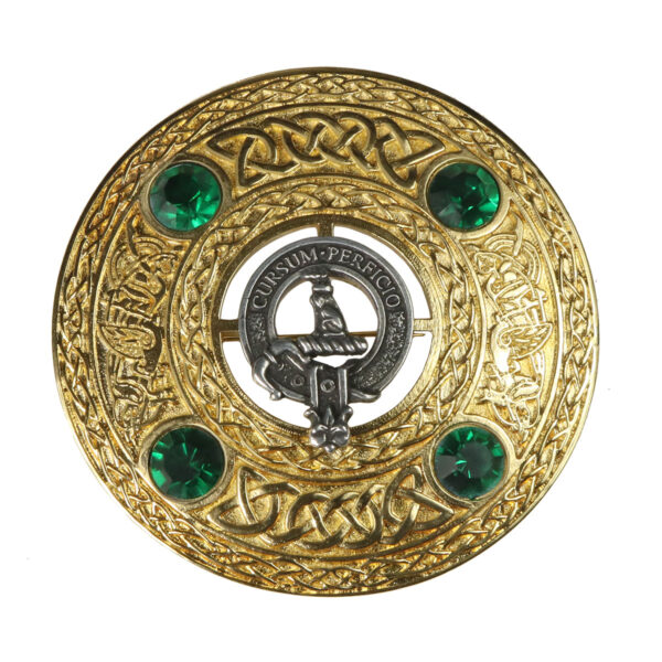 A gold and emerald Hunter Clan Crest Plaid Brooch - Gold Finish - Green Stones-sold EBAY 7/21.