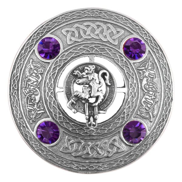 An image of a Rampant Lion Plaid Brooch adorned with purple stones.