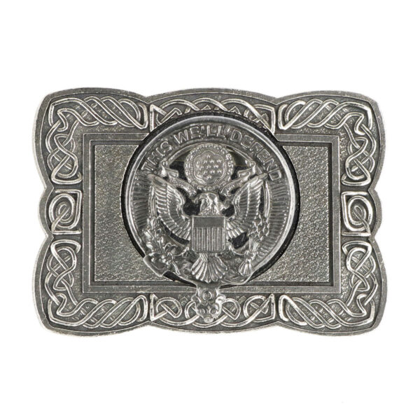 A U.S. Army Pewter Celtic Knot Kilt Belt Buckle with an eagle on it.