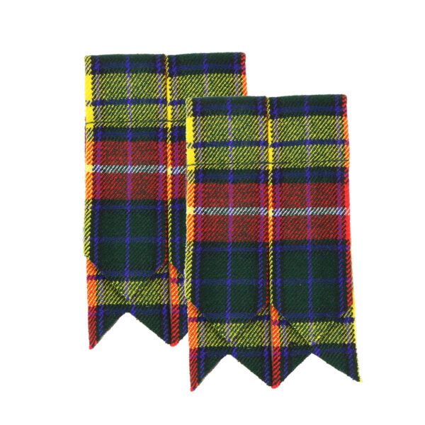 A pair of green, yellow and red Homespun Tartan Wool Blend Flashes.