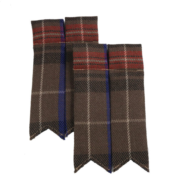 A pair of brown and blue plaid Griffiths of Wales Tartan Medium Weight Wool Flashes on a white background.