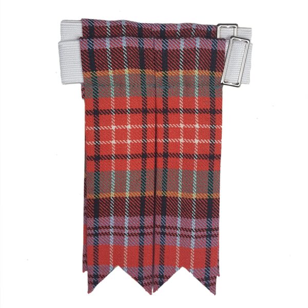 A Caledonia Ancient Medium Weight Premium Wool Tartan kilt with a silver buckle and Caledonia Ancient Medium Weight Premium Wool Tartan flashes.