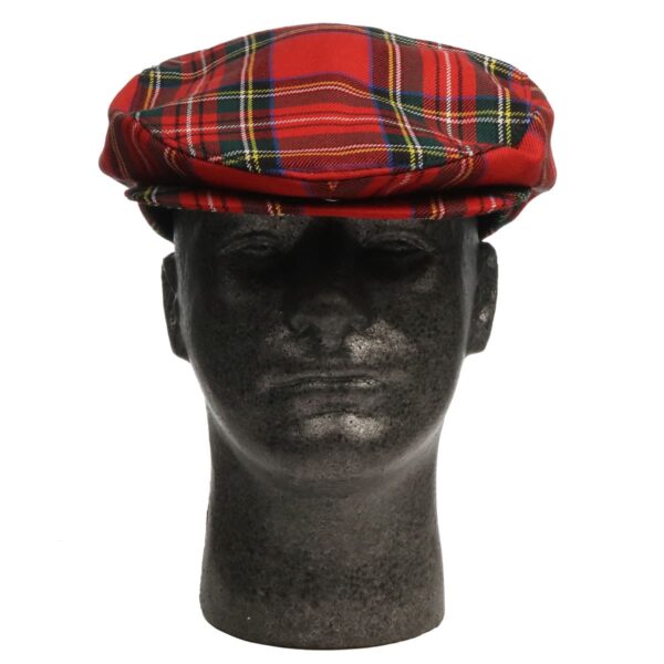 A mannequin wearing a Stewart Royal Modern Tartan Driving Cap or Golf Cap.