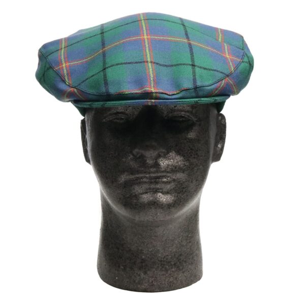 A mannequin wearing a Carmichael Ancient Tartan Driving Cap or Golf Cap - Spring Weight.