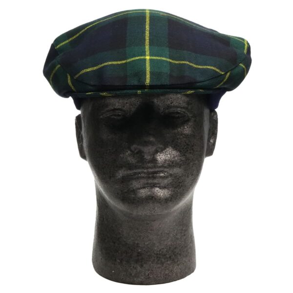 A mannequin wearing a Gordon Modern Tartan Driving Cap or Golf Cap - Spring Weight.