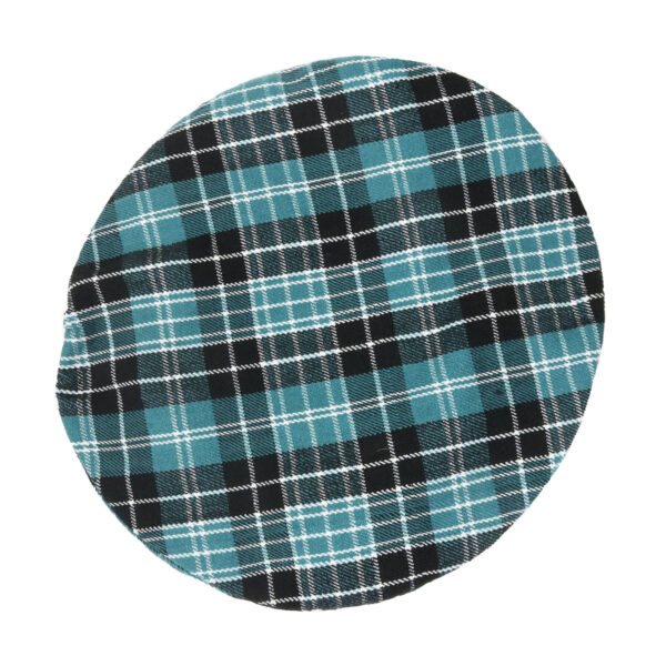 A teal and black plaid hat on a white background.