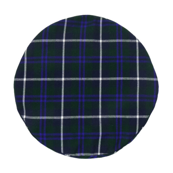 A round tartan hat with a blue and white pattern.