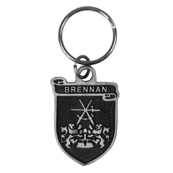An Irish Coat of Arms keychain with the word Brennan engraved is an Irish Coat of Arms Key Chain.
