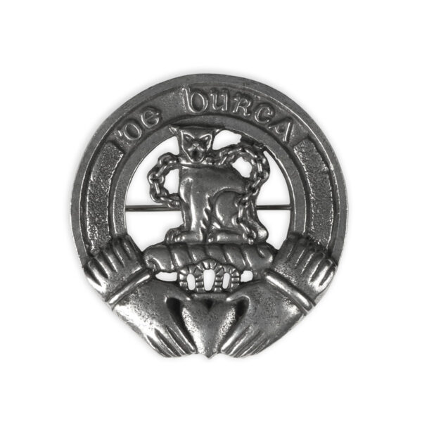 A lion-shaped Irish Coat of Arms Plaid Brooch elegantly combined with a hand, resembling a majestic Coat of Arms.