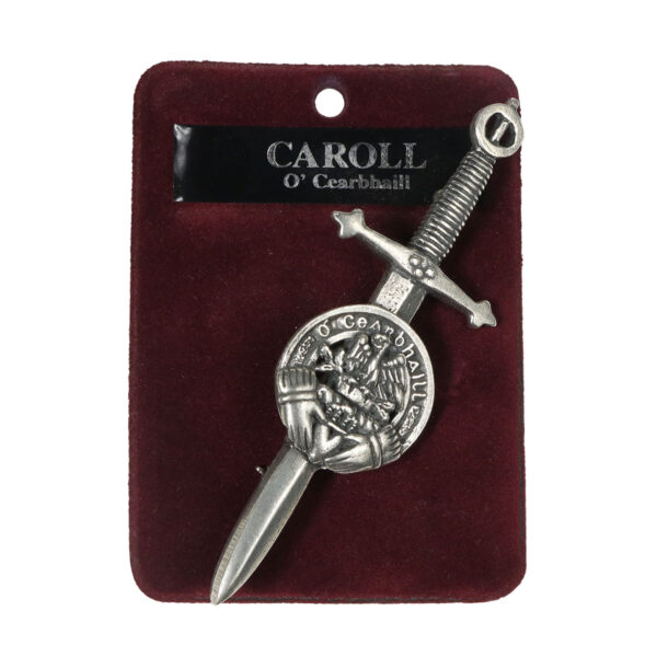 An Irish Family Crest Kilt Pin with a silver sword in a red package.